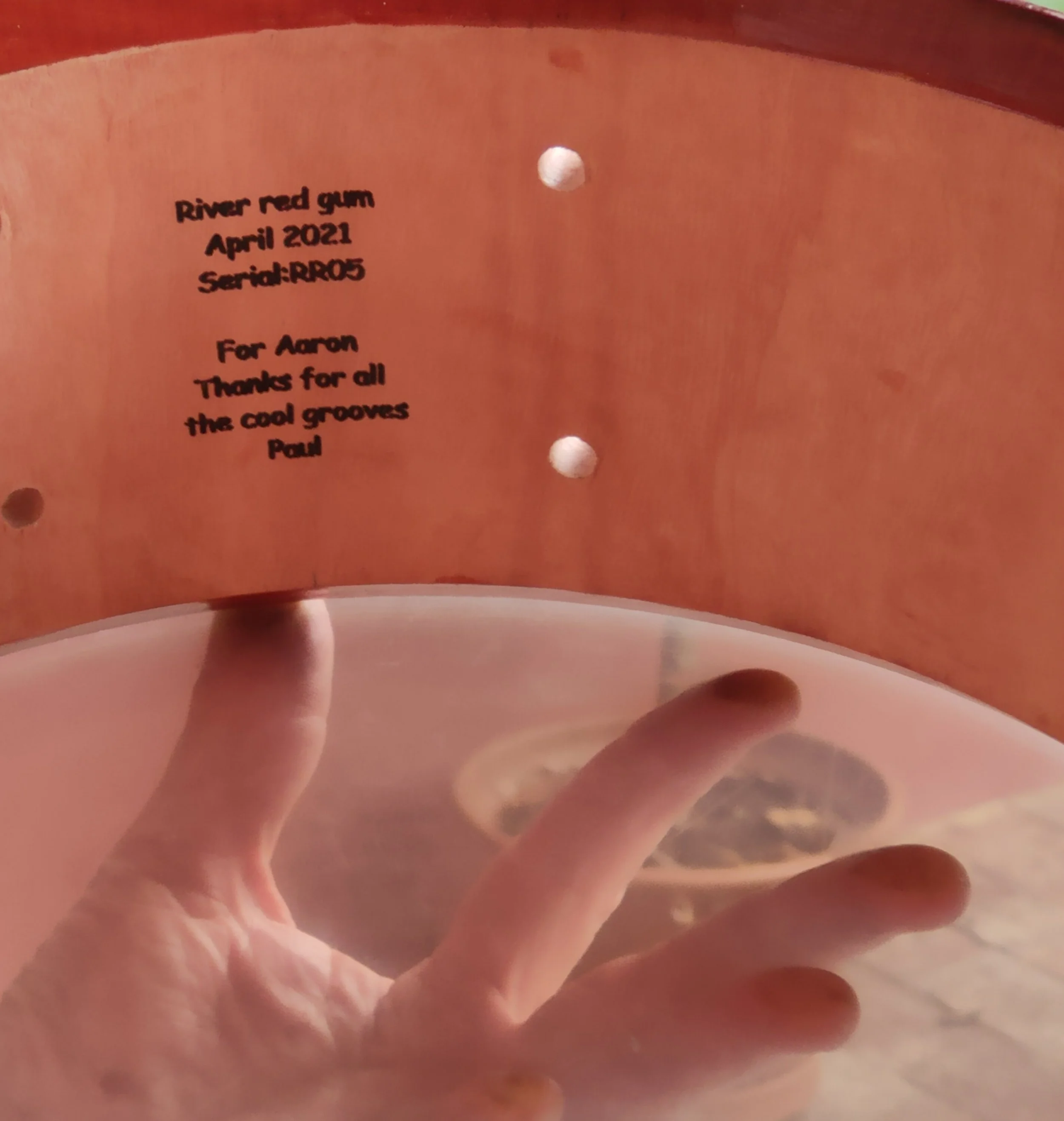 Laser-engraved River Red Gum shell